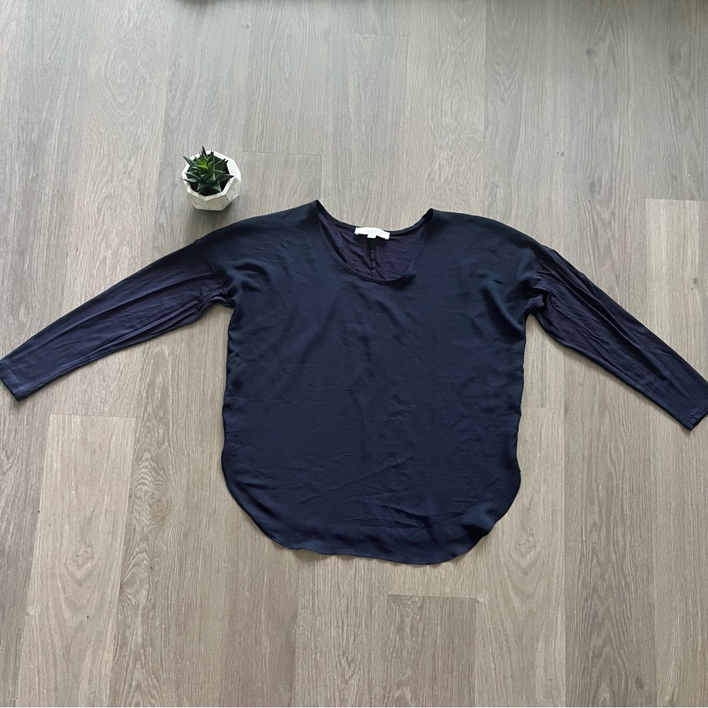 LOFT Navy Dual Fabric Scoop Neck Long Sleeve